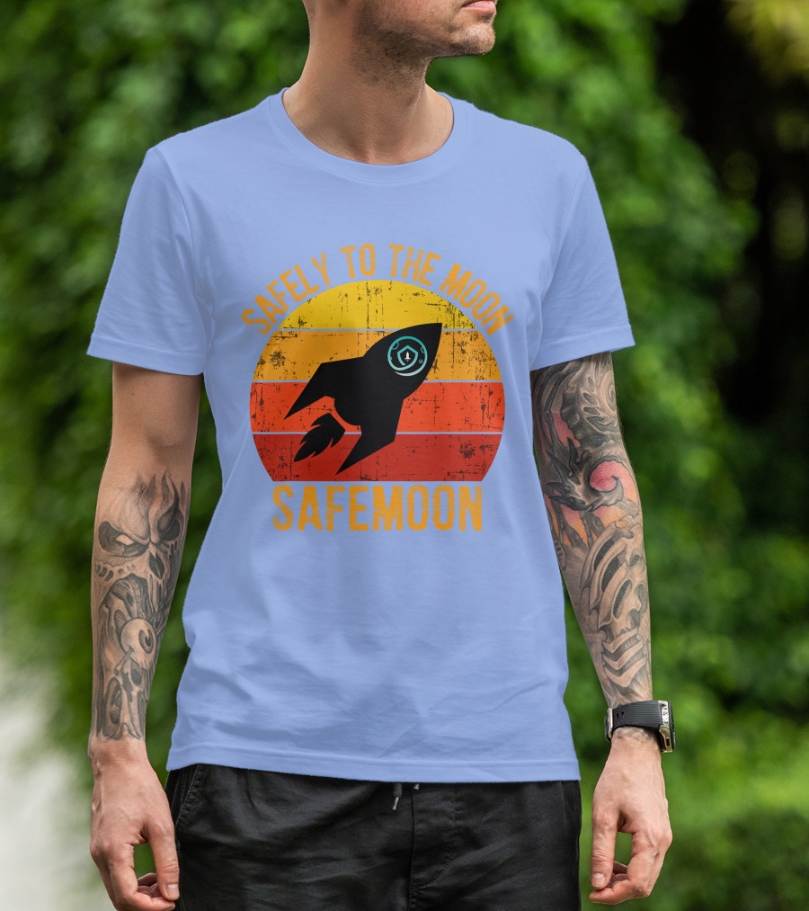 Safemoon Safely To The Moon Crypto Vintage Rocket Sunset Background T-Shirt