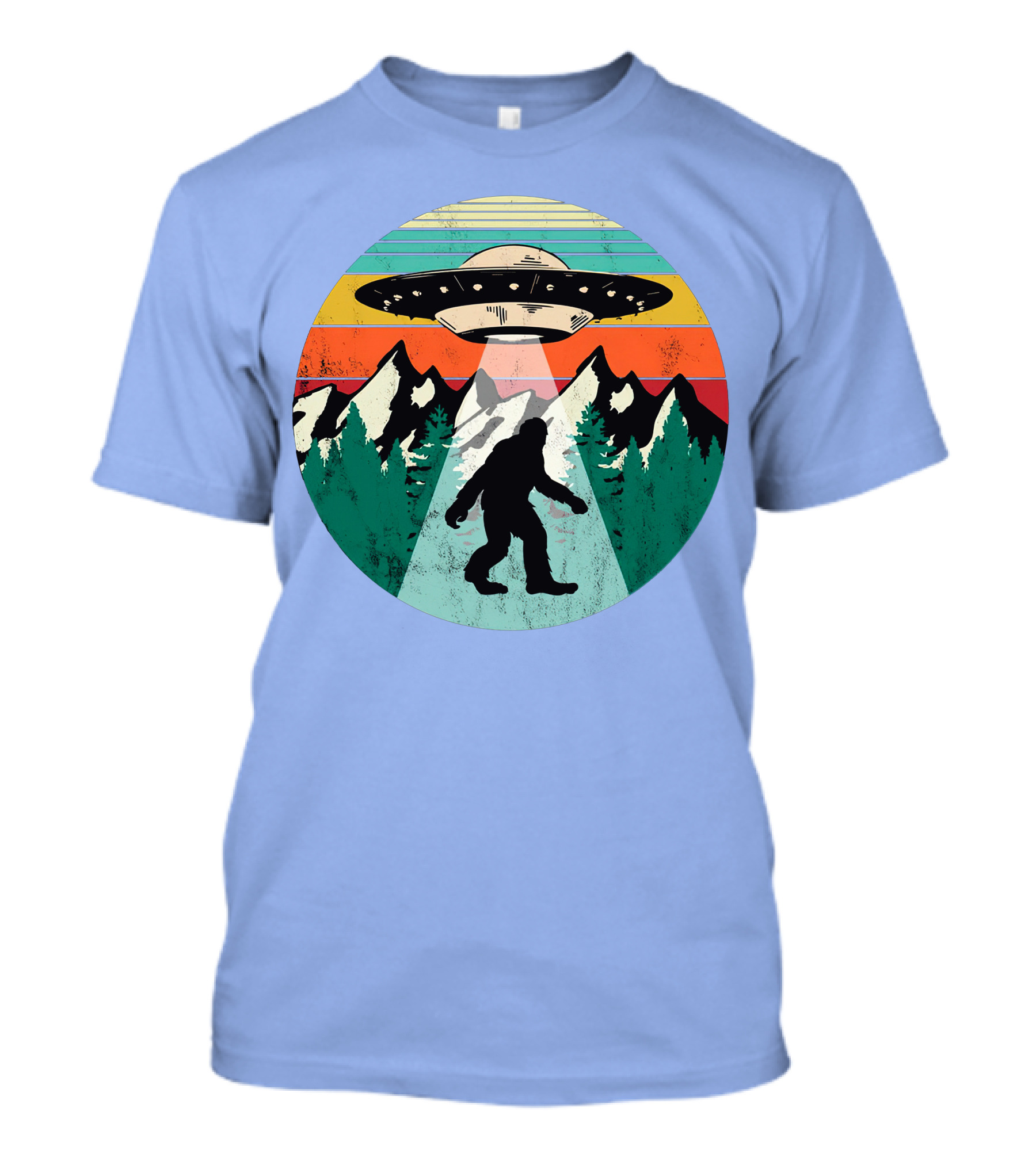 Bigfoot Funny UFO Alien Abduction Cryptozoology Sunset Retro Mountains T-Shirt