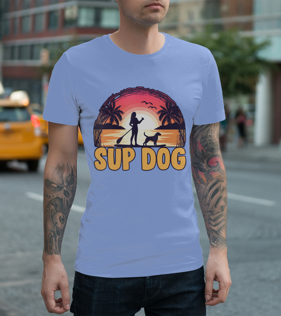 SUP Dog Paddleboard Sunset with Silhouette and Palm Trees T-Shirt