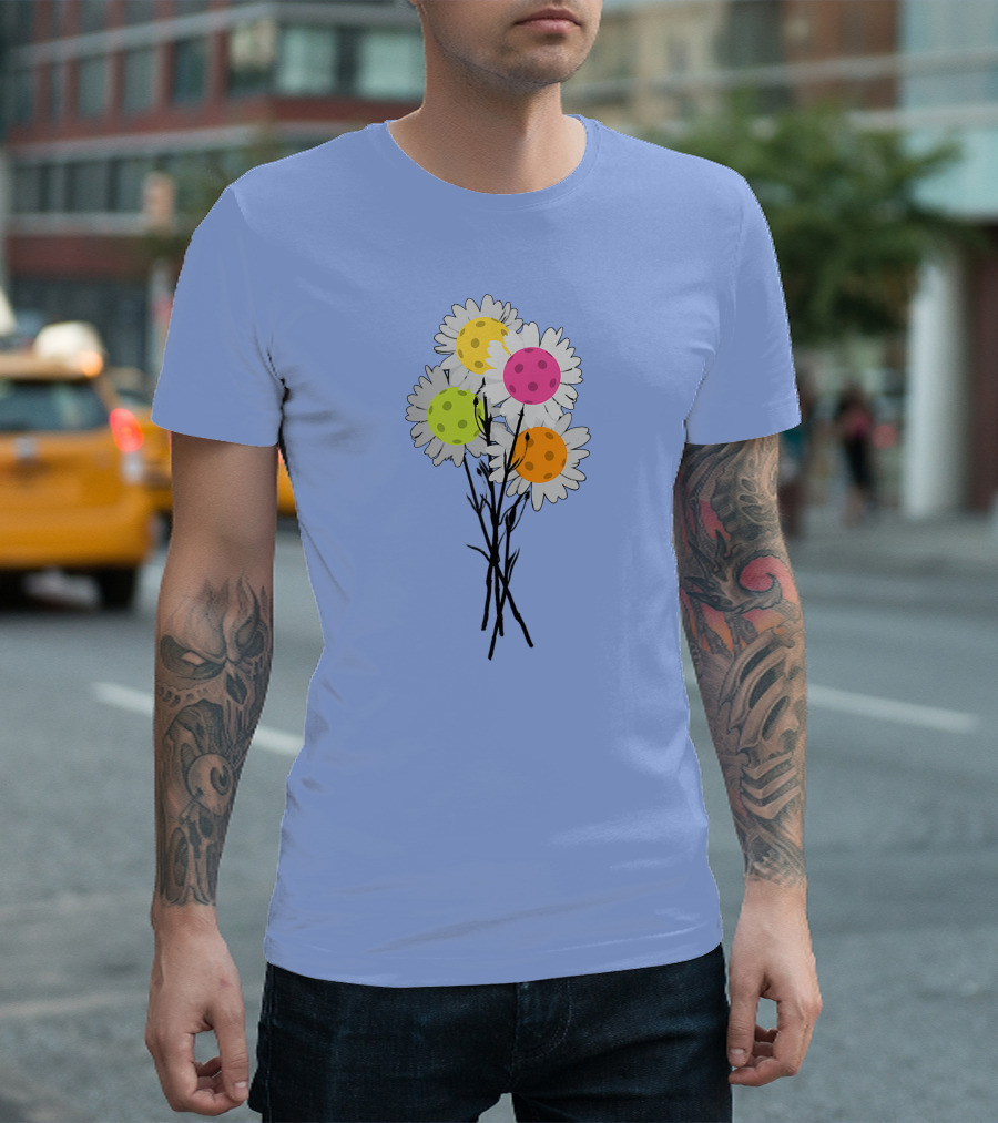 Valentine's Mother's Day Pickleball Flower Bouquet Pretty Daisies with Colorful Balls T-Shirt