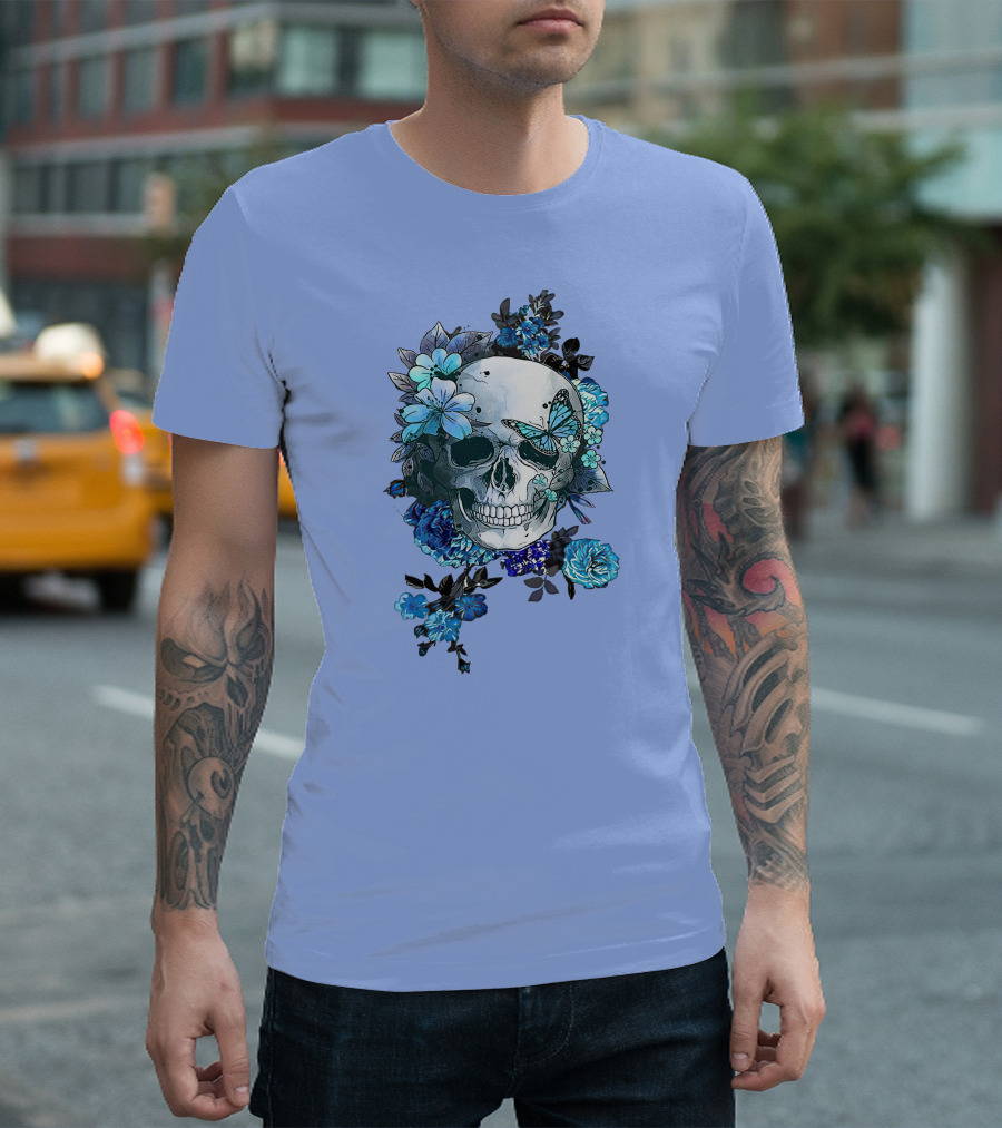 Blue Skull Butterfly with Flowers T-Shirt