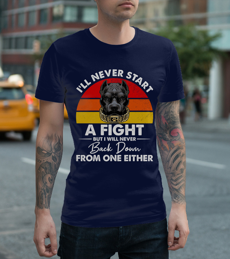 I’ll Never Start A Fight Dog With Chain Collar And Retro Gradient T-Shirt