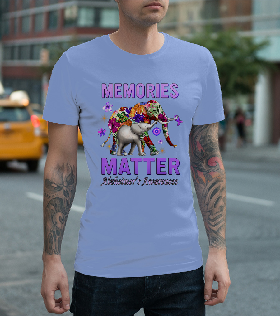 MEMORIES MATTER Alzheimer's Awareness Purple Elephant with Floral T-Shirt