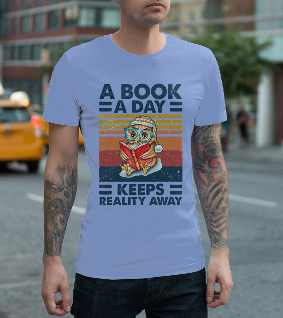 A Book A Day Keeps Reality Away Owl Reading Glasses Retro Stripes T-Shirt