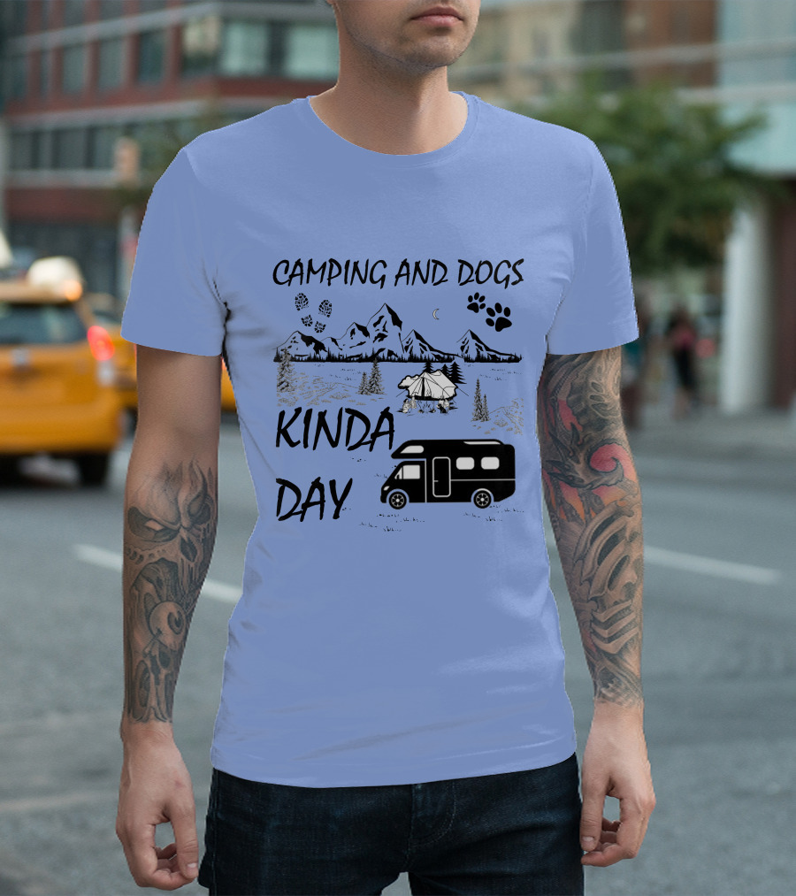 Camping and Dogs Kinda Day Mountain Adventure with RV and Paw Prints T-Shirt