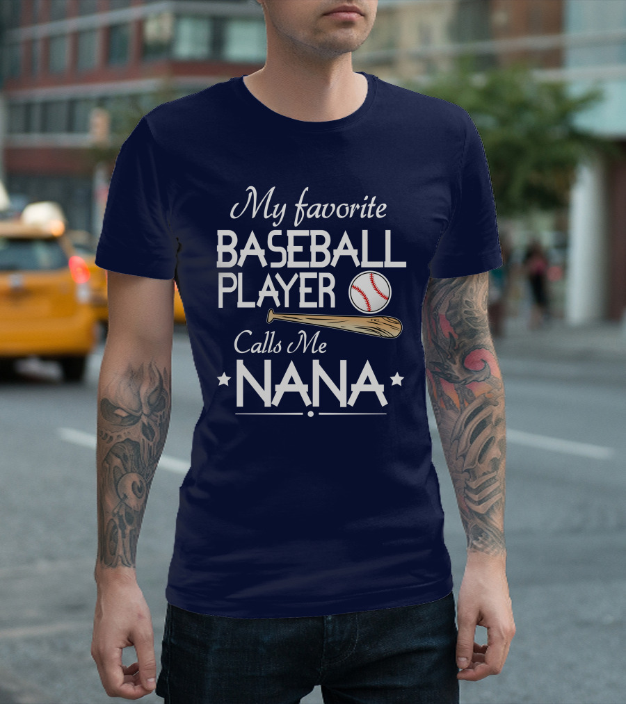 My Favorite Baseball Player Calls Me Nana with Bat and Ball on Red T-Shirt