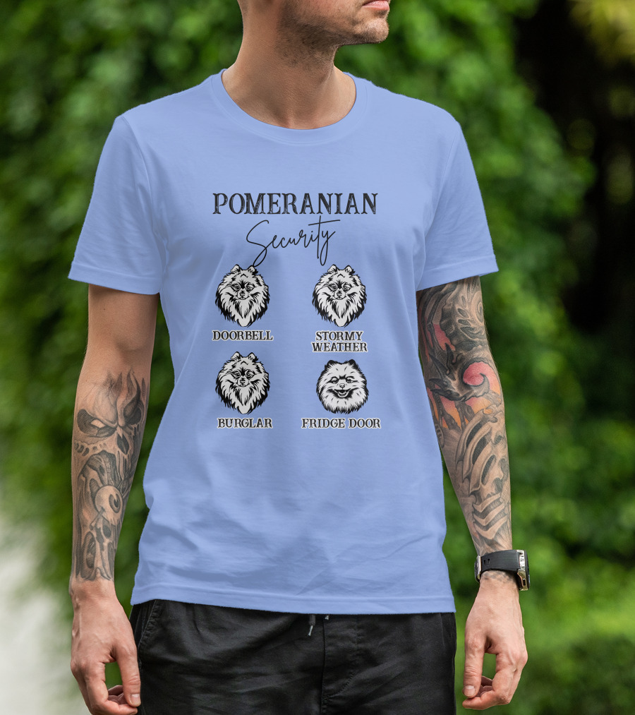 Pomeranian Security Doorbell Stormy Weather Burglar Fridge Door Dog Owner T-Shirt