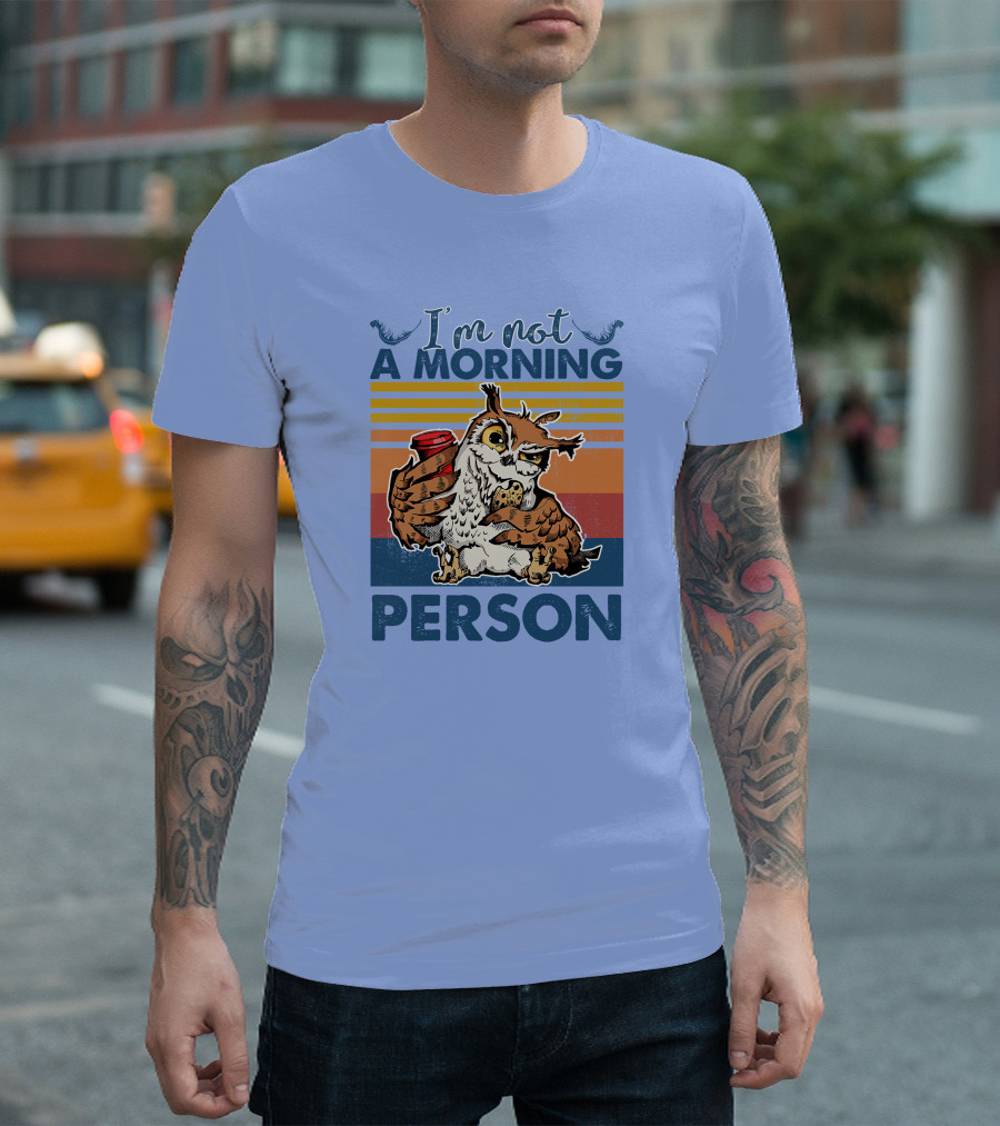 I'm Not A Morning Person Owl Coffee Cookie Retro Stripes T-Shirt