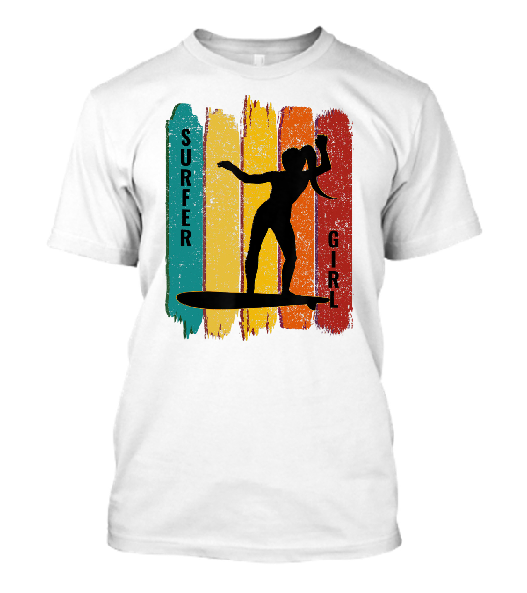 Surfer Girl Vintage Surfing Silhouette On Colorful Stripes T-Shirt