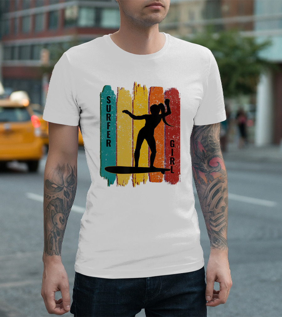 Surfer Girl Vintage Surfing Silhouette On Colorful Stripes T-Shirt