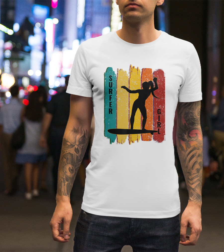 Surfer Girl Vintage Surfing Silhouette On Colorful Stripes T-Shirt