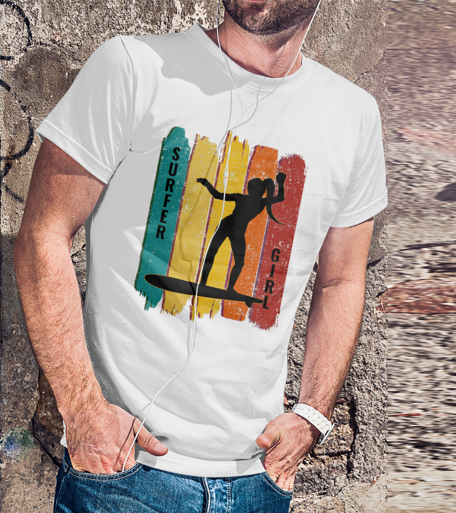 Surfer Girl Vintage Surfing Silhouette On Colorful Stripes T-Shirt