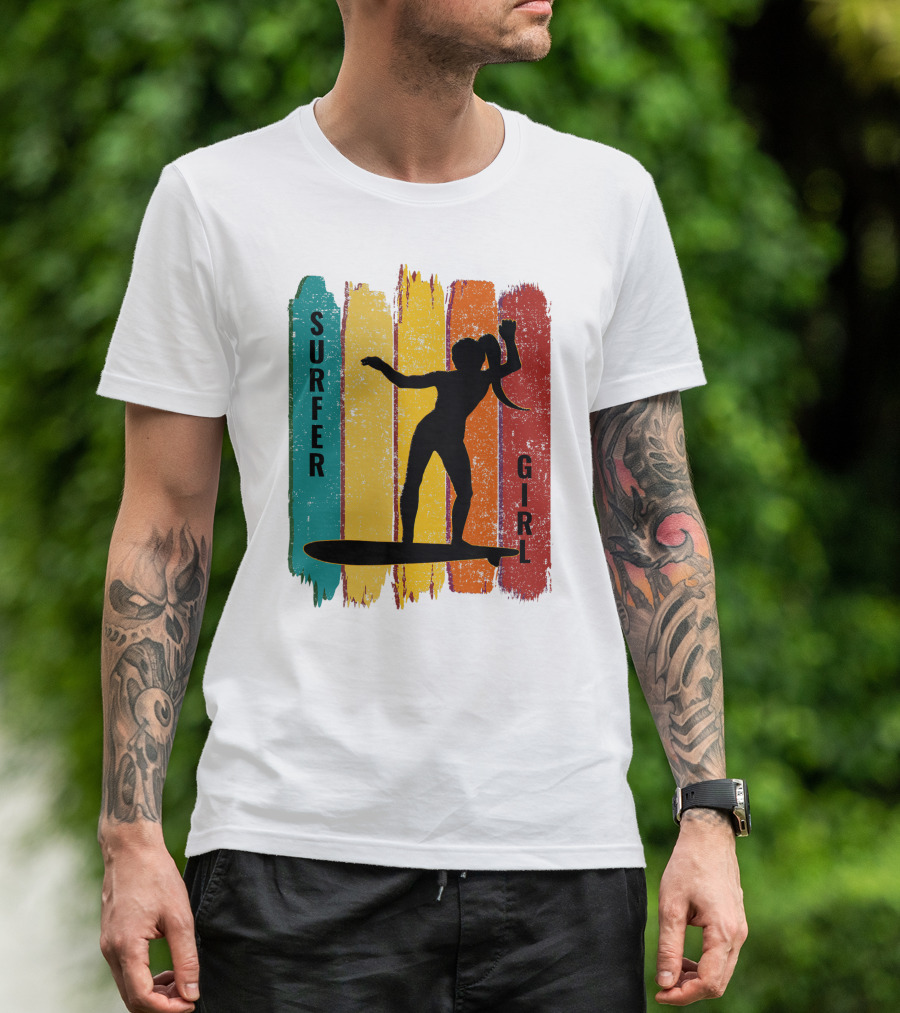 Surfer Girl Vintage Surfing Silhouette On Colorful Stripes T-Shirt