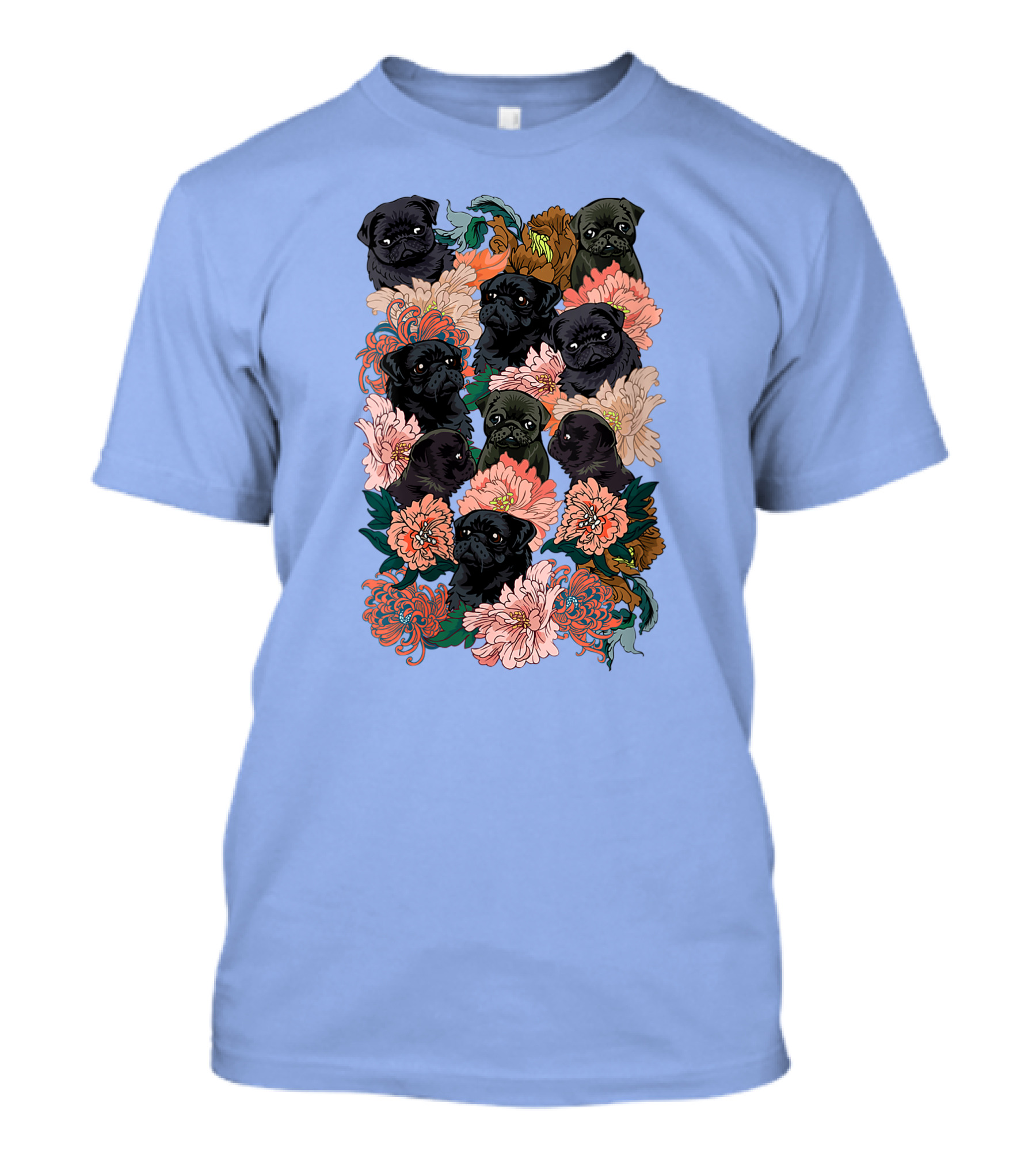 Because Black Pug Floral Pattern With Multiple Cute Faces On Colorful Bloom T-Shirt