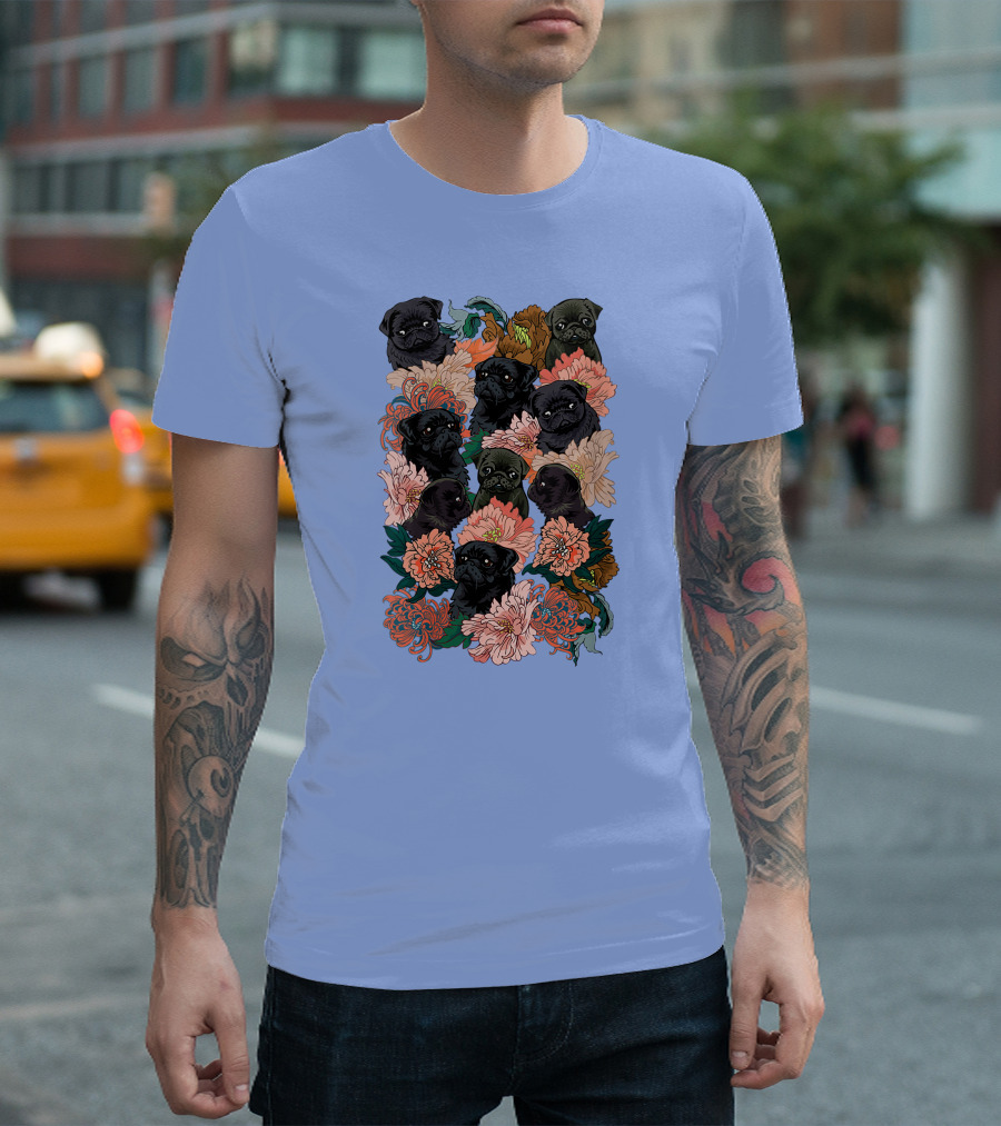 Because Black Pug Floral Pattern With Multiple Cute Faces On Colorful Bloom T-Shirt