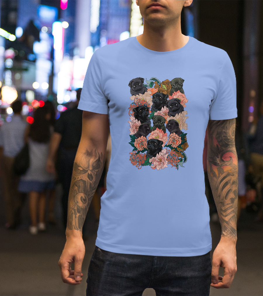 Because Black Pug Floral Pattern With Multiple Cute Faces On Colorful Bloom T-Shirt
