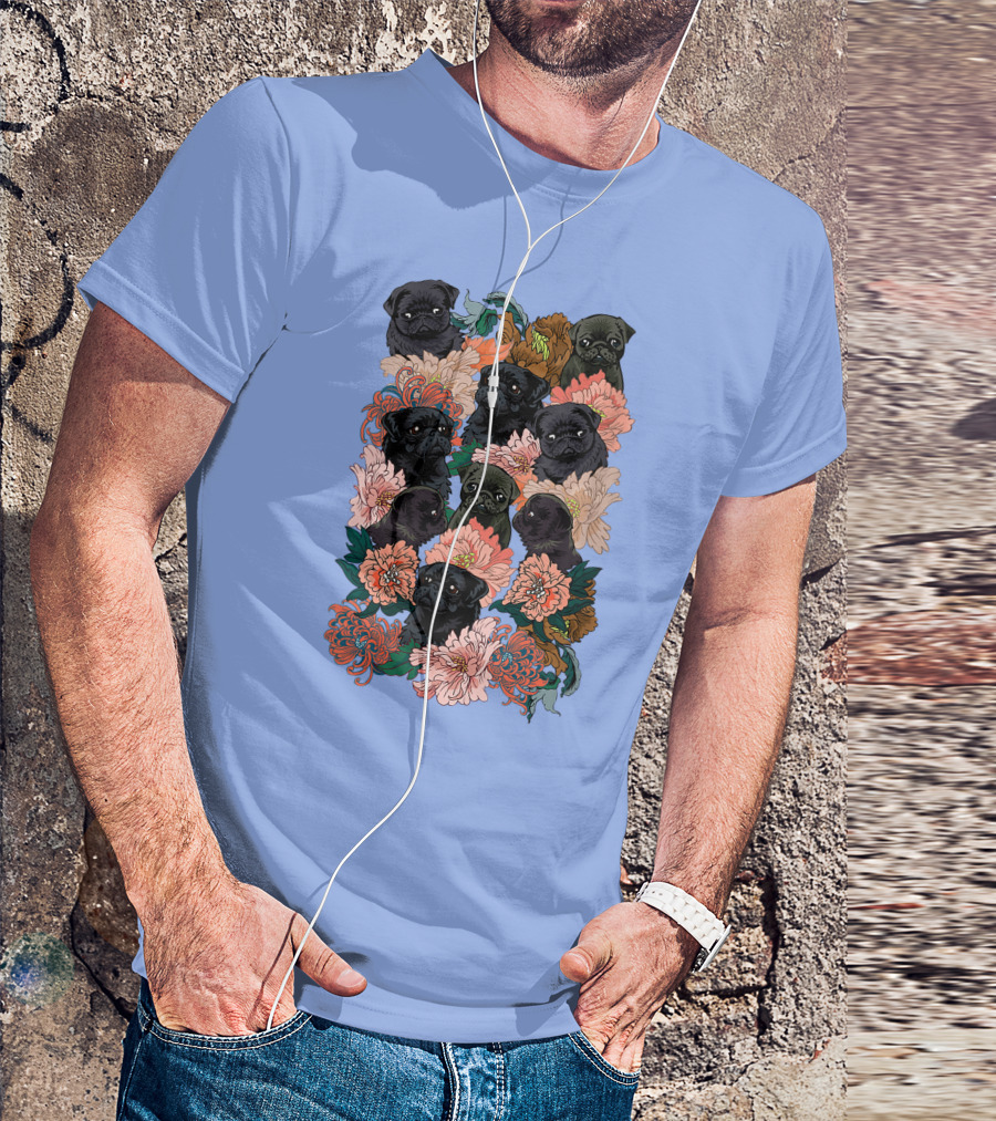 Because Black Pug Floral Pattern With Multiple Cute Faces On Colorful Bloom T-Shirt