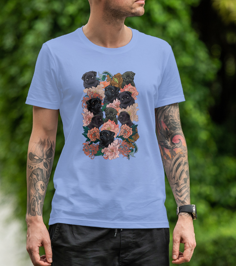 Because Black Pug Floral Pattern With Multiple Cute Faces On Colorful Bloom T-Shirt