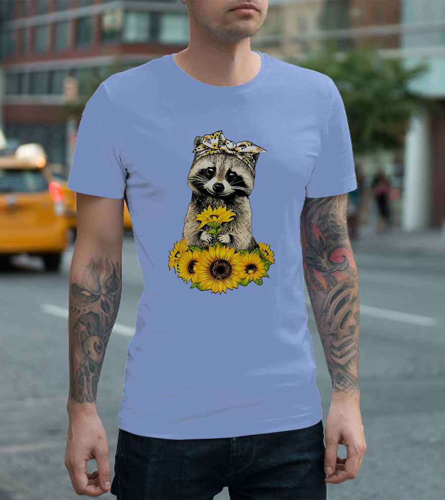 Raccoon Holding Sunflowers With Bandana Pattern Featuring Me T-Shirt