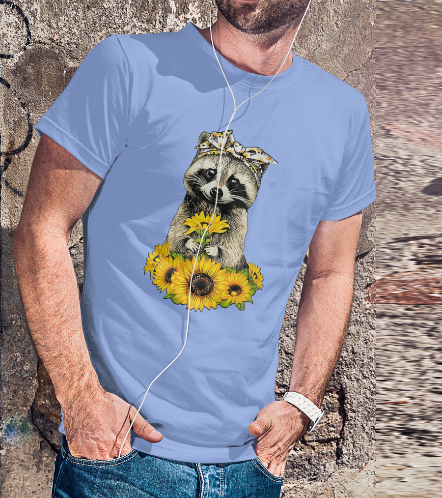Raccoon Holding Sunflowers With Bandana Pattern Featuring Me T-Shirt