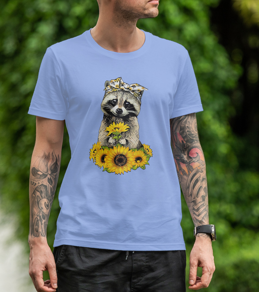 Raccoon Holding Sunflowers With Bandana Pattern Featuring Me T-Shirt