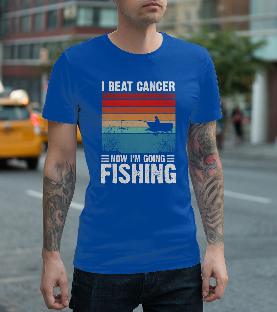 I Beat Cancer Now I'm Going Fishing Vintage Sunset Rowboat T-Shirt