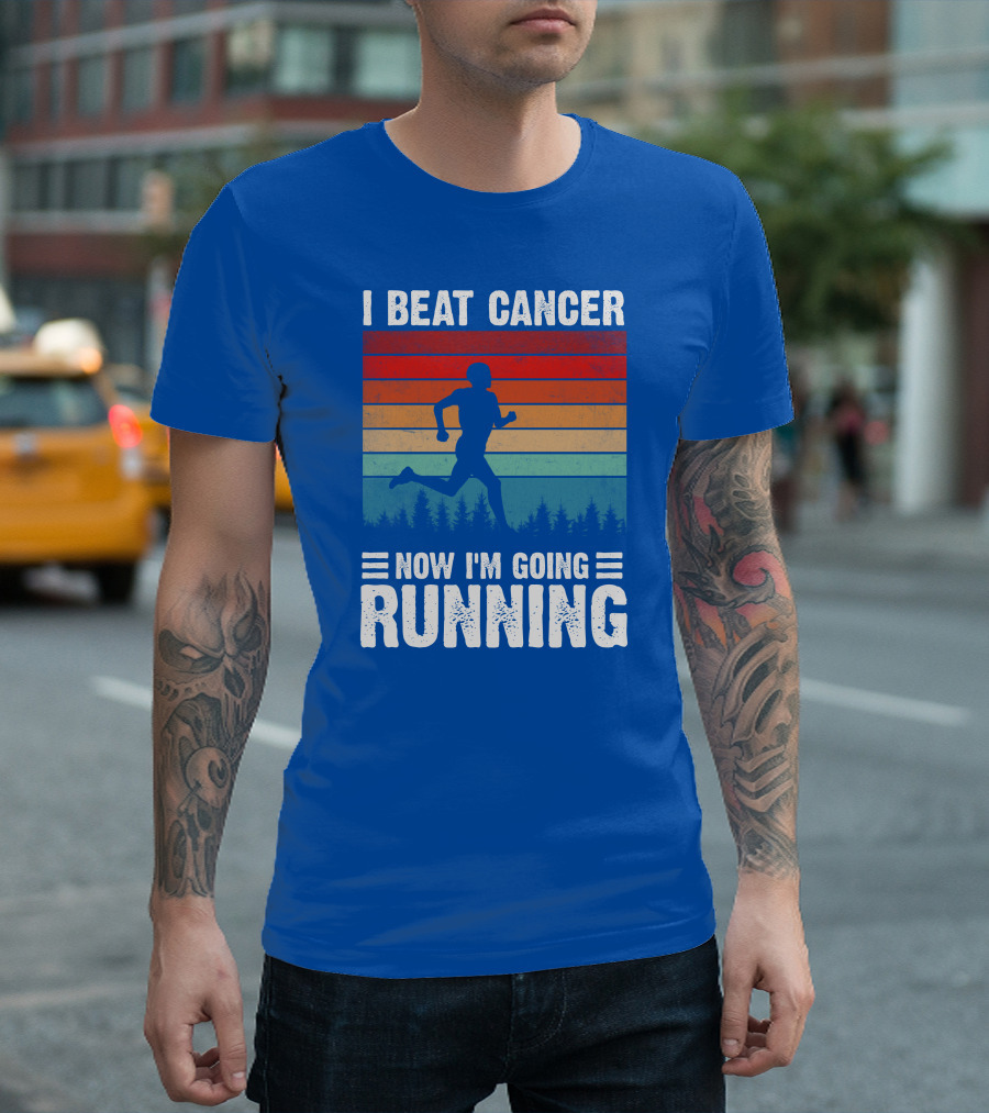 I Beat Cancer Now I'm Going Running Silhouette Forest Sunset Stripes T-Shirt