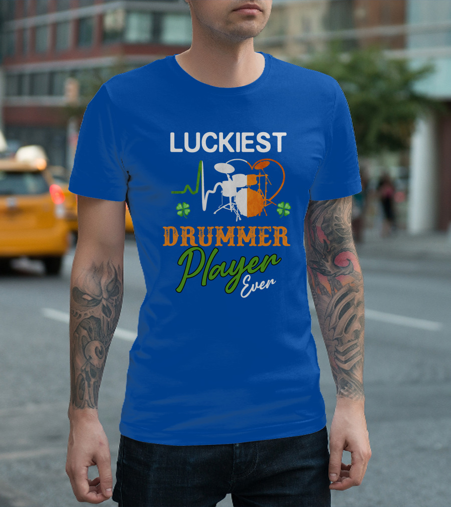 Luckiest Drummer Player Ever Irish Flag Heartbeat with Shamrocks T-Shirt