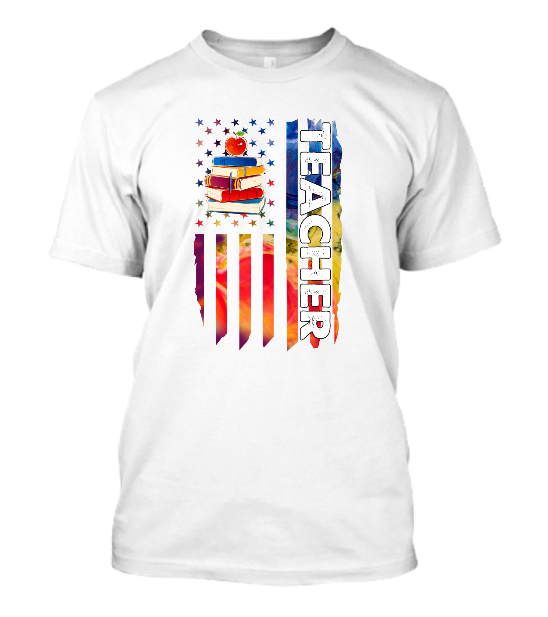 Teacher Apple Stack Stars Stripes Colorful Flag T-Shirt