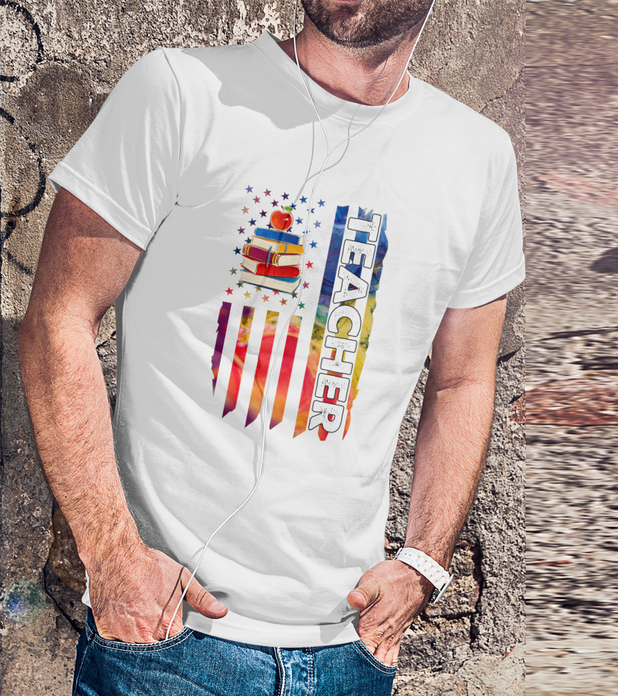 Teacher Apple Stack Stars Stripes Colorful Flag T-Shirt