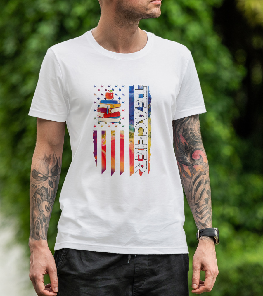 Teacher Apple Stack Stars Stripes Colorful Flag T-Shirt