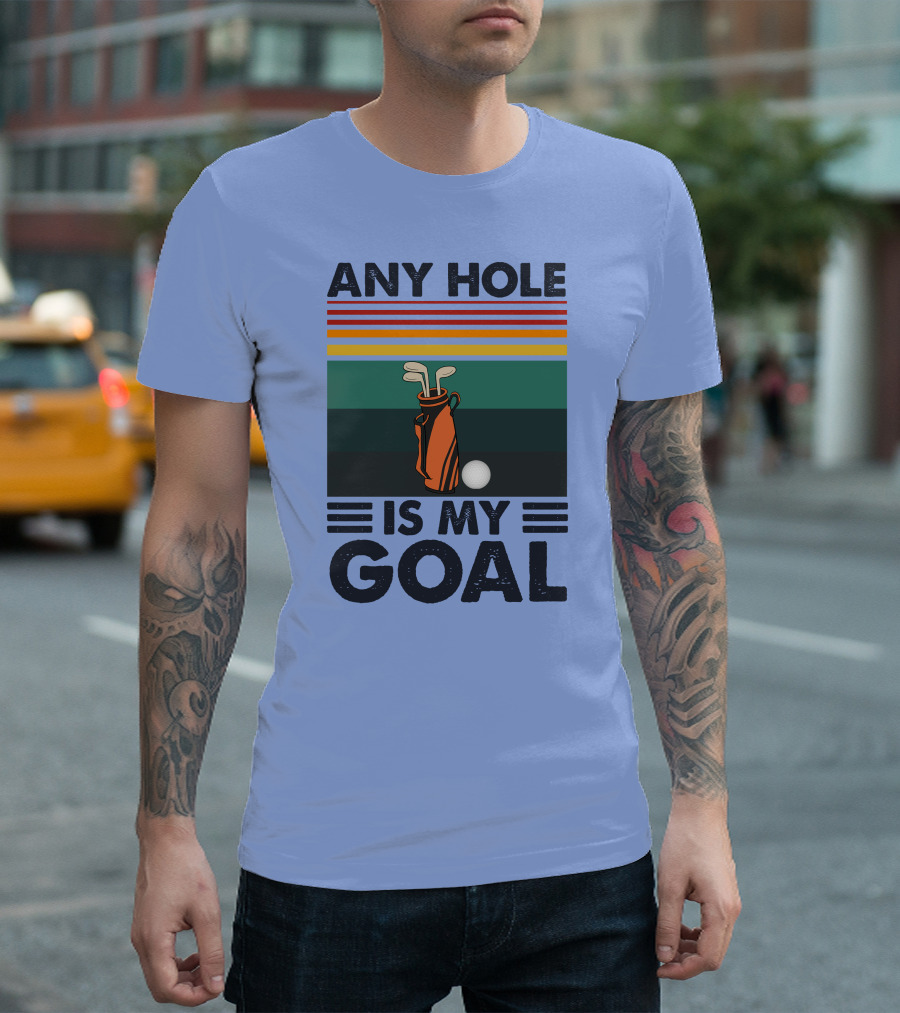 Any Hole Is My Goal Golf Bag and Ball Retro Stripes T-Shirt
