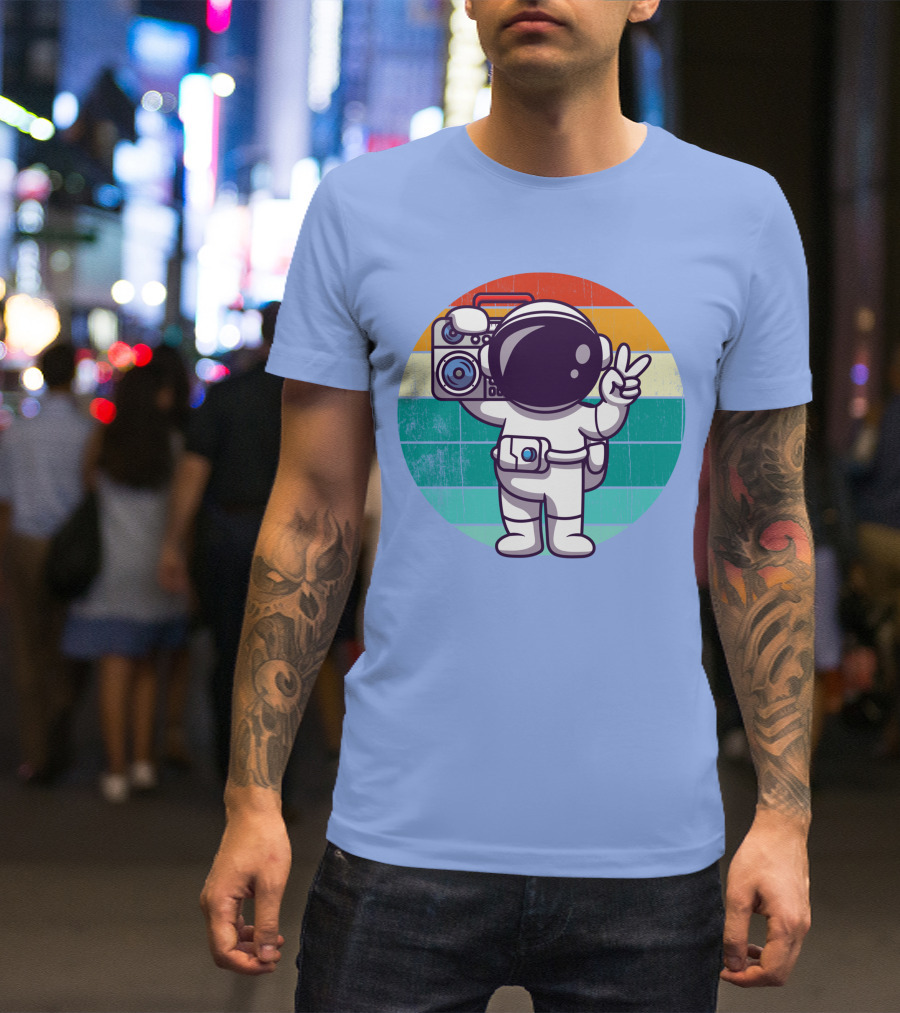 Cute Astronaut Peace Sign Boombox Cartoon Retro Rainbow T-Shirt