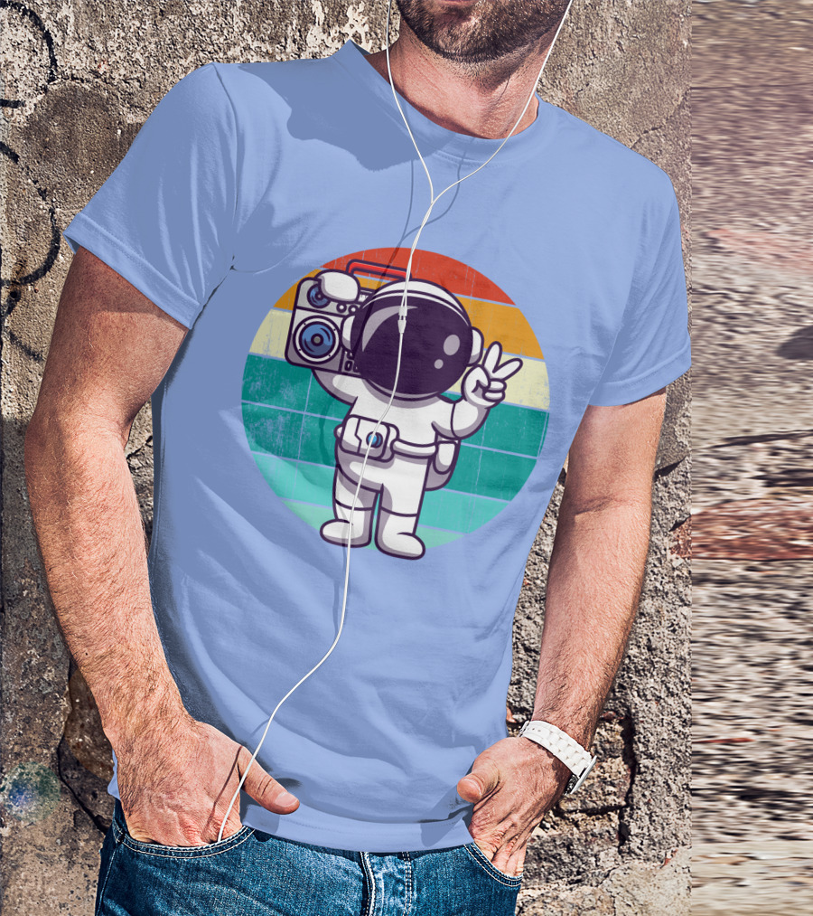 Cute Astronaut Peace Sign Boombox Cartoon Retro Rainbow T-Shirt