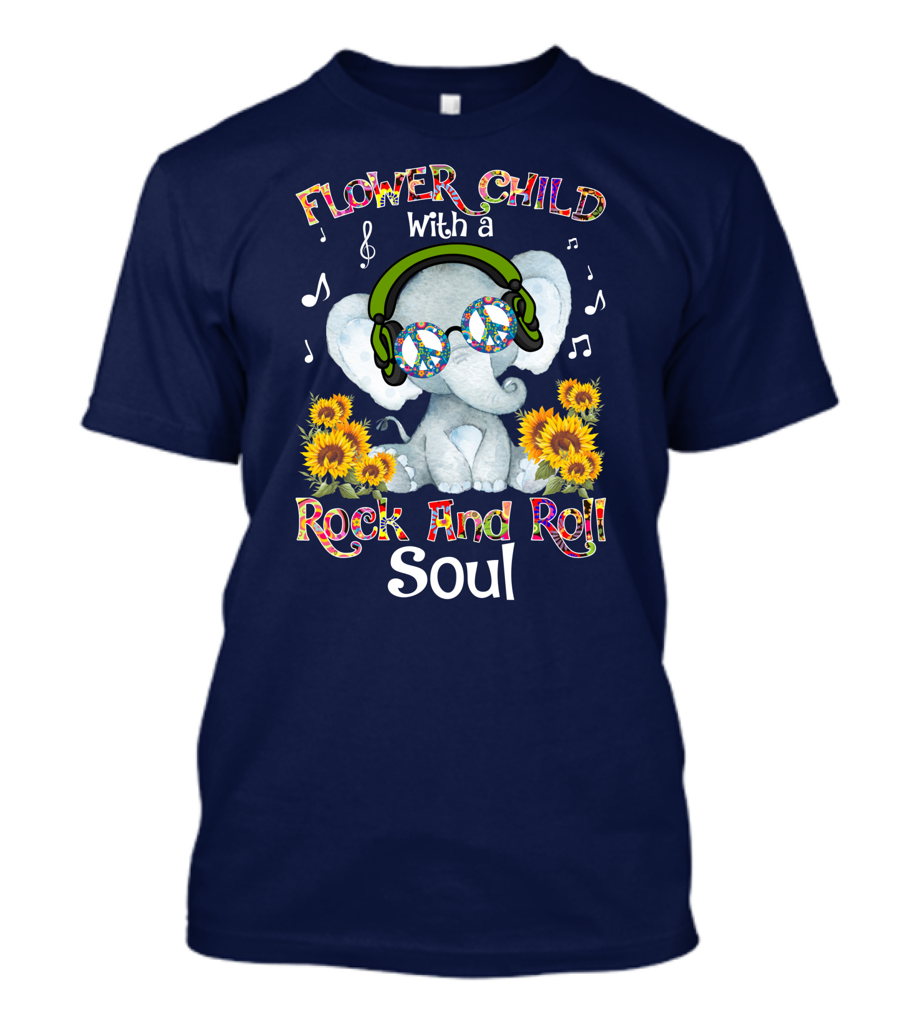 Flower Child Rock And Roll Soul Elephant With Headphones And Sunflowers T-Shirt