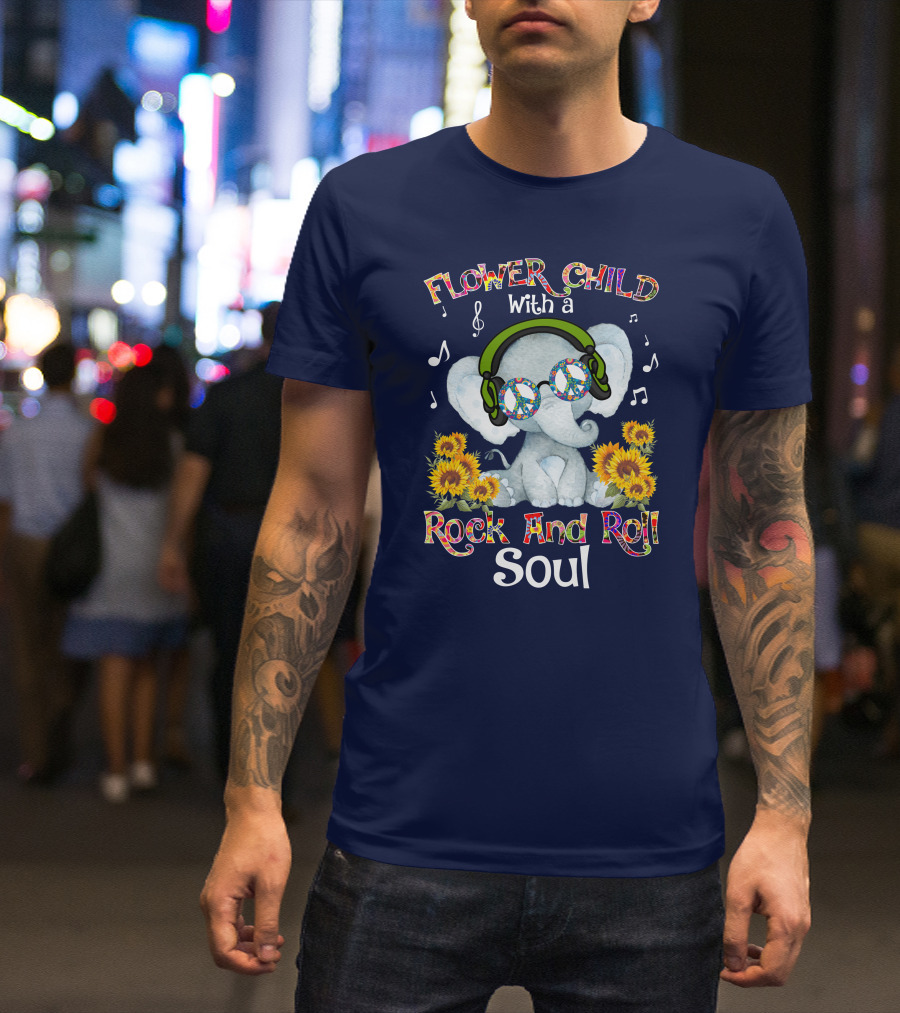 Flower Child Rock And Roll Soul Elephant With Headphones And Sunflowers T-Shirt