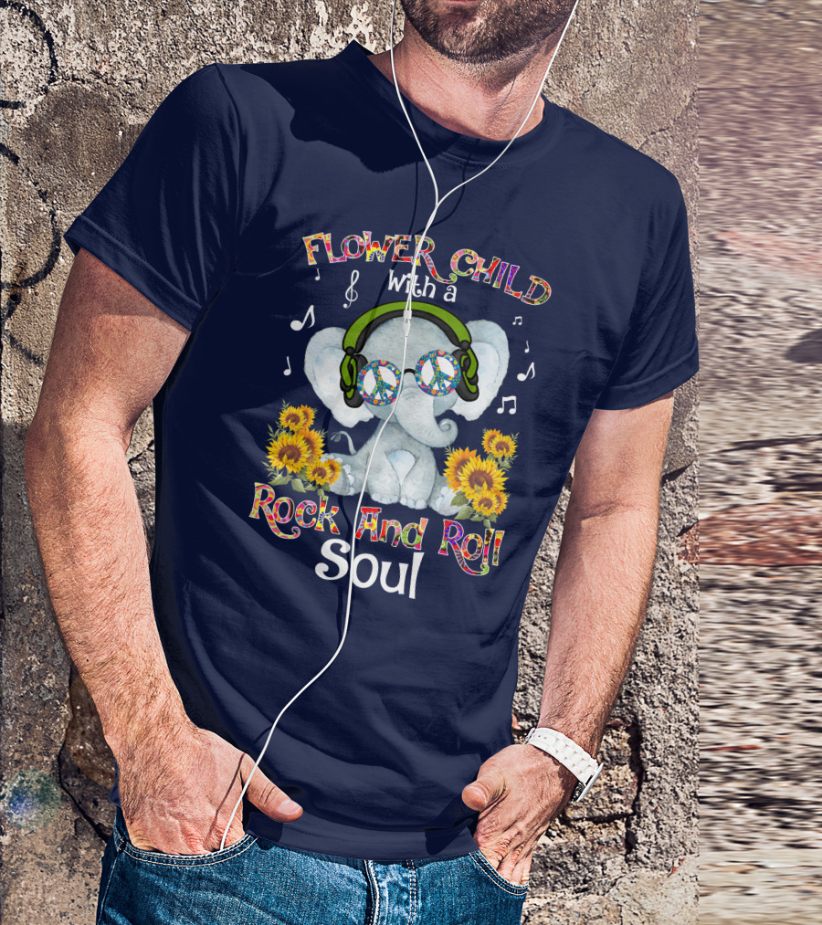 Flower Child Rock And Roll Soul Elephant With Headphones And Sunflowers T-Shirt