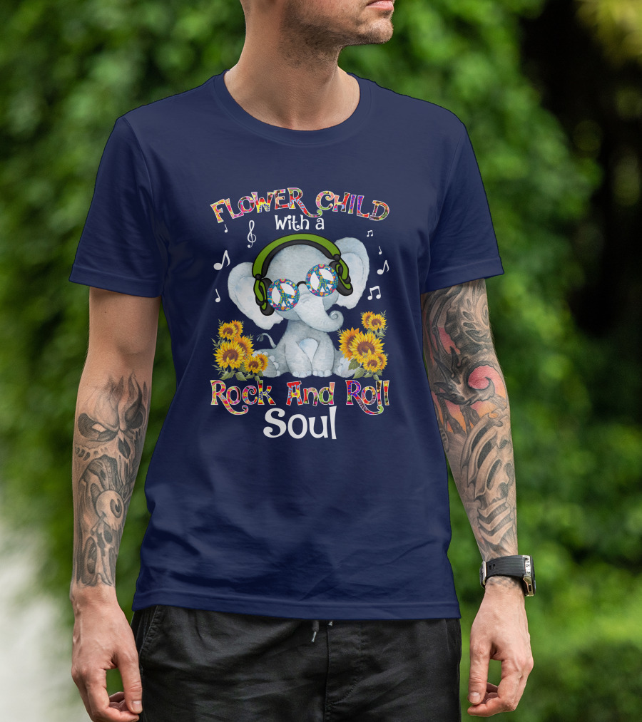 Flower Child Rock And Roll Soul Elephant With Headphones And Sunflowers T-Shirt