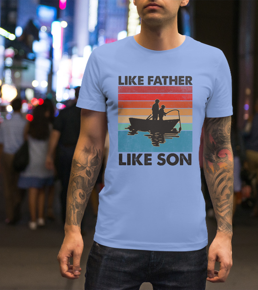 Like Father Like Son Fishing Boat Silhouette Retro Stripes T-Shirt
