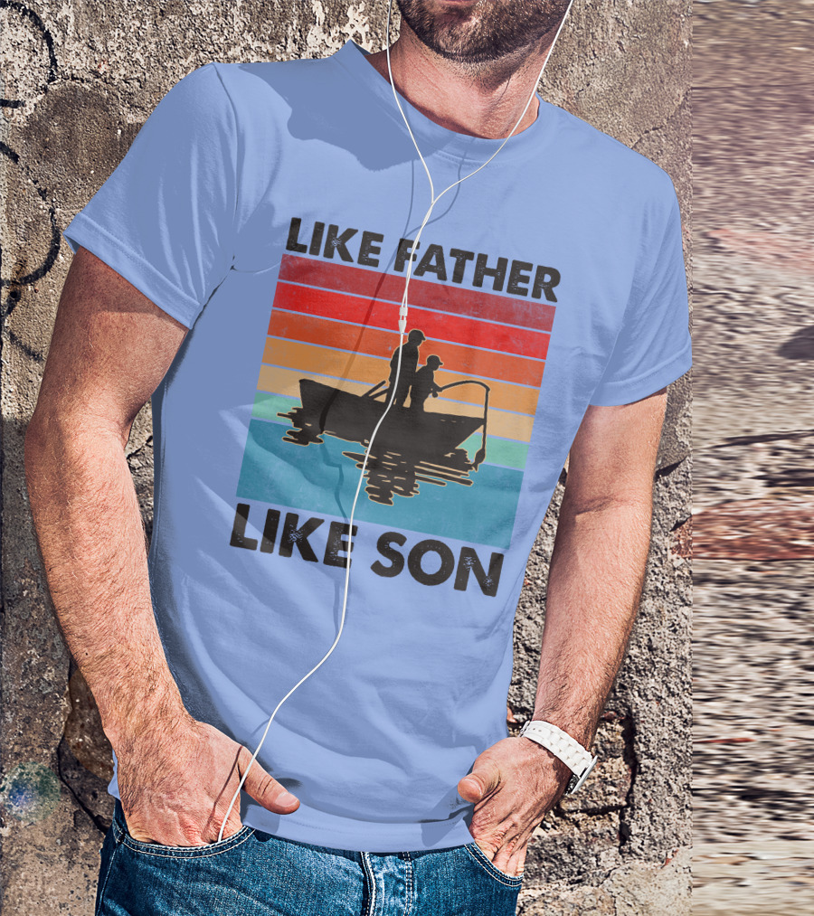 Like Father Like Son Fishing Boat Silhouette Retro Stripes T-Shirt