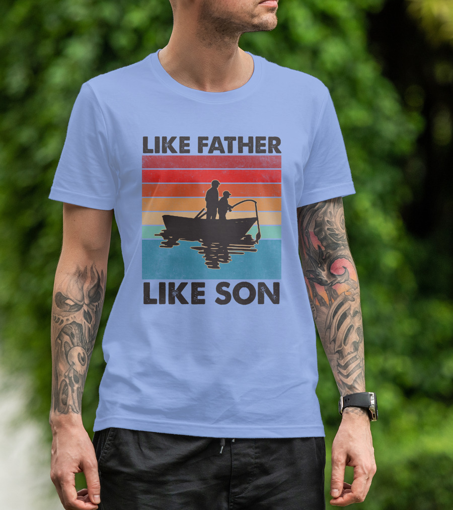 Like Father Like Son Fishing Boat Silhouette Retro Stripes T-Shirt