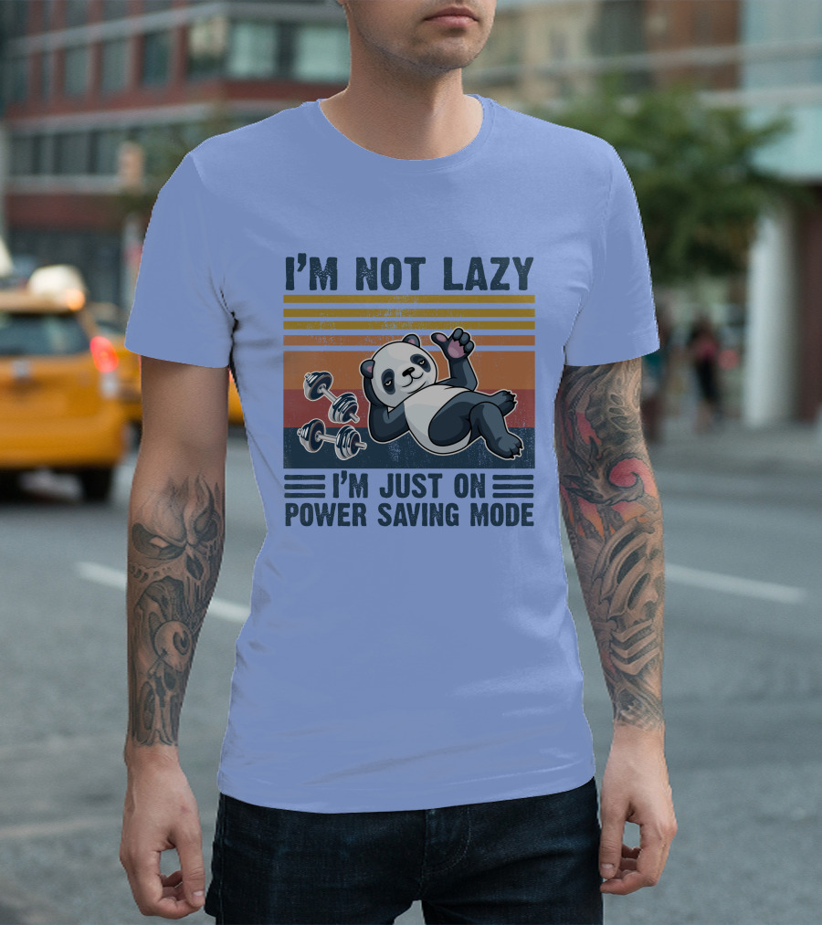 I'm Not Lazy I'm Just on Power Saving Mode RD Panda Retro Stripes and Dumbbells T-Shirt