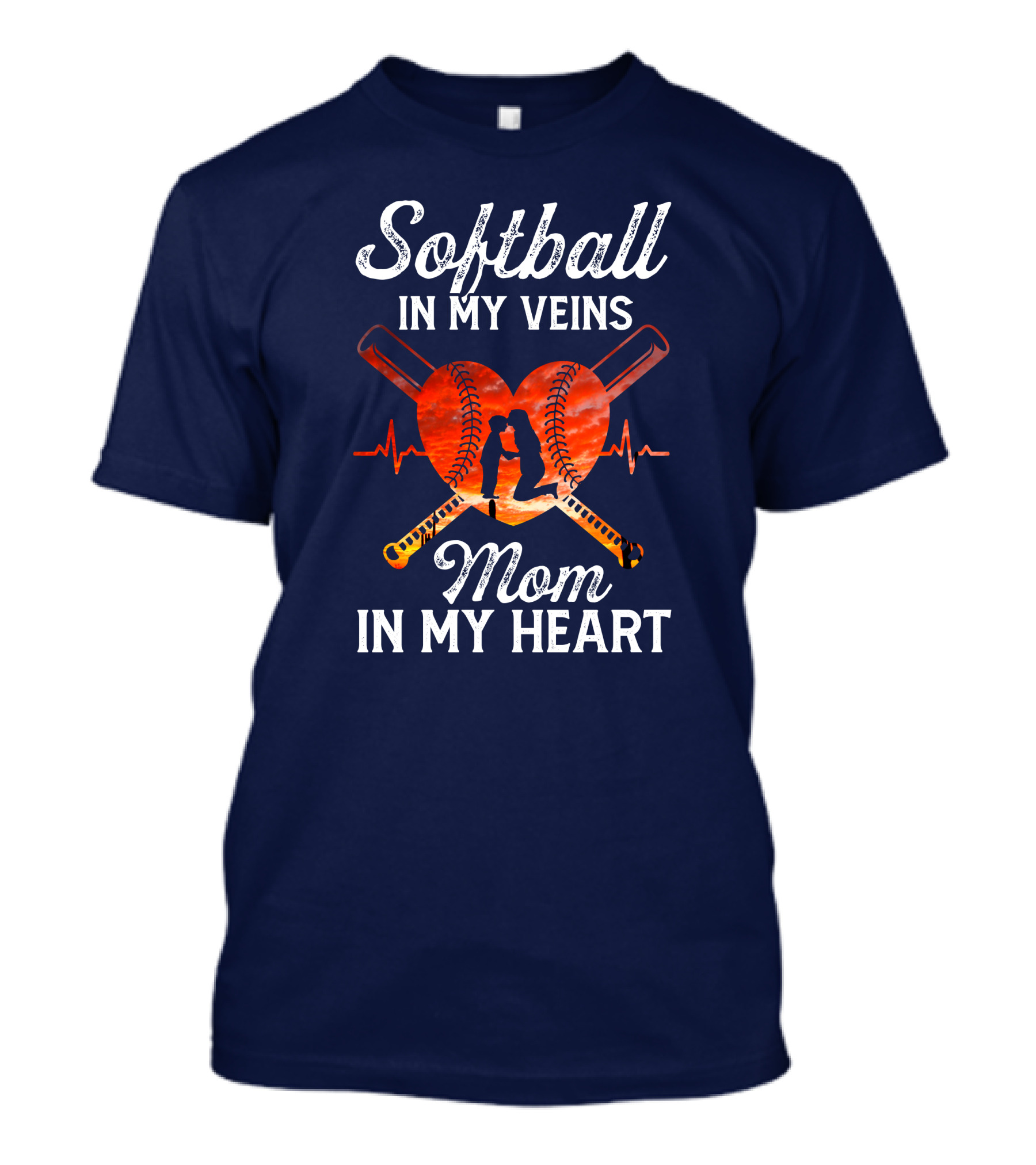 Softball In My Veins Mom In My Heart Silhouette And Bats Heartbeat Graphics T-Shirt
