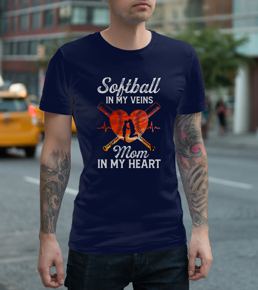 Softball In My Veins Mom In My Heart Silhouette And Bats Heartbeat Graphics T-Shirt