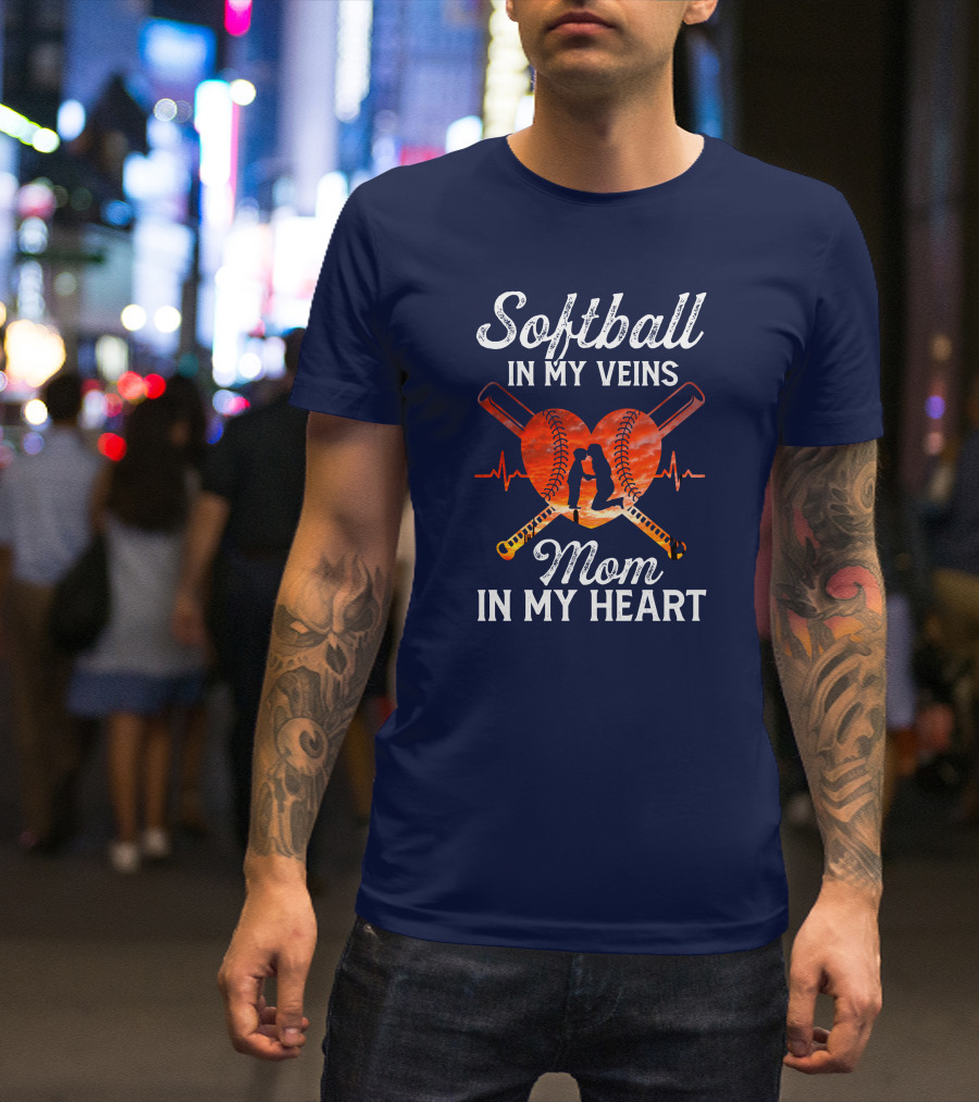 Softball In My Veins Mom In My Heart Silhouette And Bats Heartbeat Graphics T-Shirt