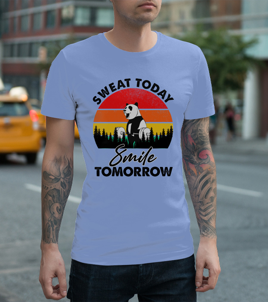 Sweat Today Smile Tomorrow Panda Weight Lifting Vintage Retro Backdrop T-Shirt