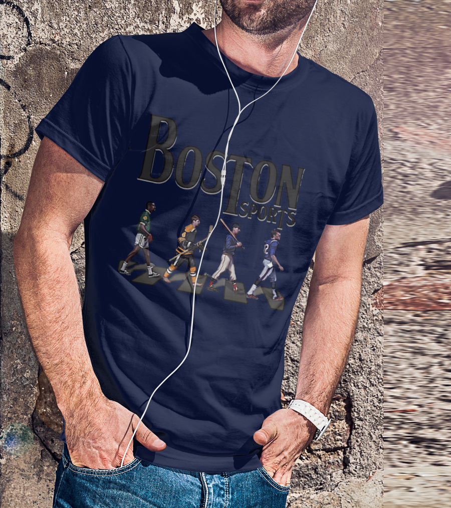 Boston Sports Evolution Inspired By Iconic Athletes In Green Basketball, Yellow Hockey, Baseball, And Blue Football Jerseys T-Shirt