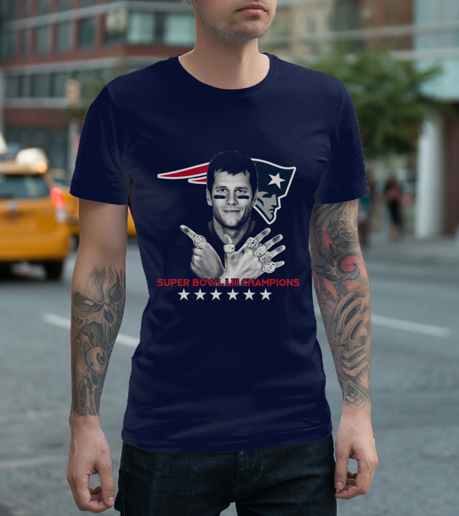Tom Brady Six Super Bowl LIII Champions with Patriots Logo and Rings T-Shirt