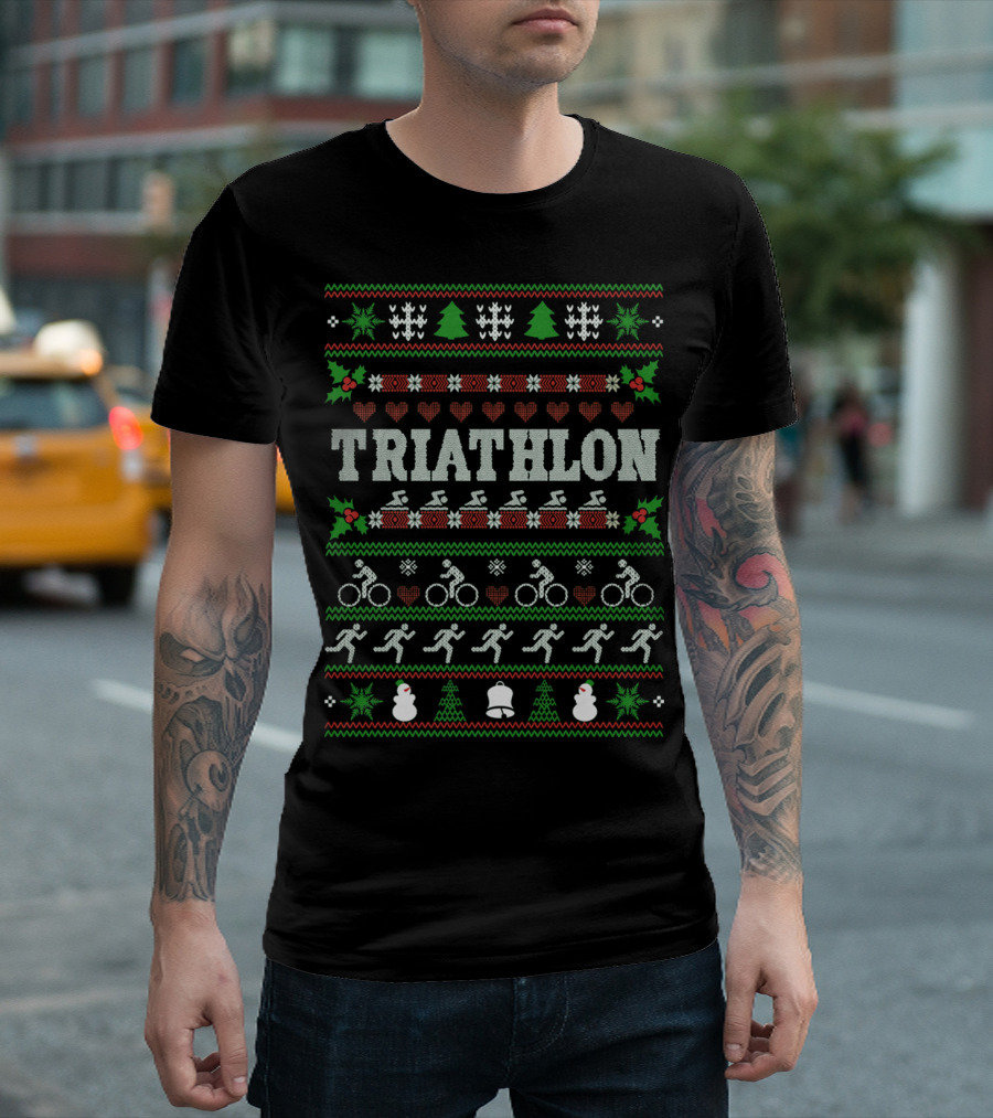 Triathlon Christmas Ugly Sweater Design with Swim Bike Run Motifs T-Shirt