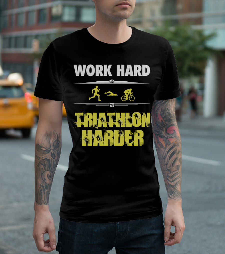 Work Hard Triathlon Harder Running Swimming Cycling Icons T-Shirt